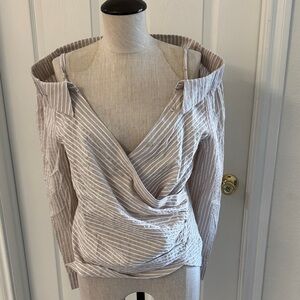 White House Black Market Beige and White Striped Top